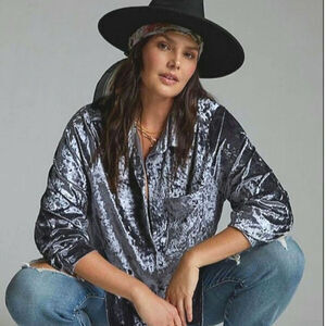 Anthropologie Amadi Velvet Buttondown Shirt Crushed Velvet Gray long sleeve 2X